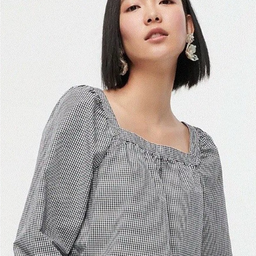 J. Crew Blue and White Puff Sleeve Smocked Blouse